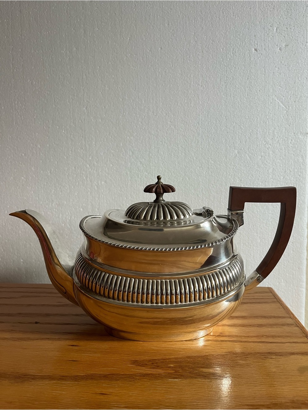 Classic Silver-Plate Teapot with Wood Handle, made in England stamped